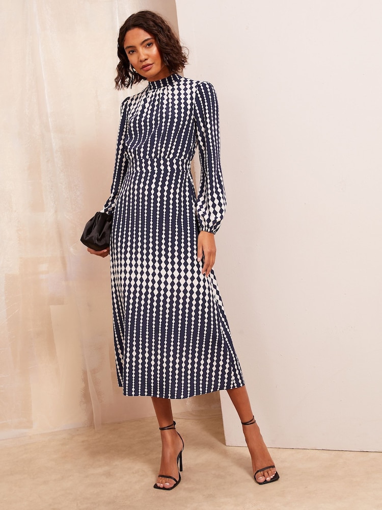 Friends Like These Blue High Neck Long Sleeve Midi Dress with Bow Detailing - Image 1 of 4 Friends Like These Blue High Neck Long Sleeve Midi Dress with Bow Detailing - Image 1 of 4