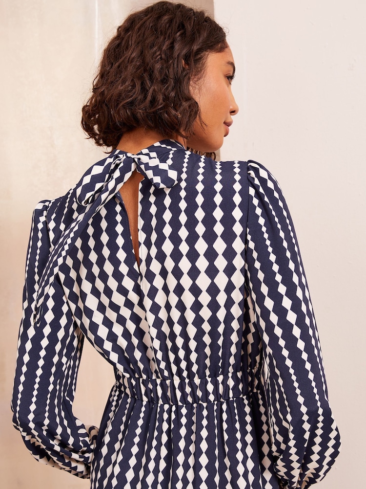 Friends Like These Blue High Neck Long Sleeve Midi Dress with Bow Detailing - Image 2 of 4 Friends Like These Blue High Neck Long Sleeve Midi Dress with Bow Detailing - Image 2 of 4