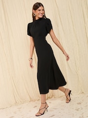 Friends Like These Black Petite High Neck Long Sleeve Midi Dress with Bow Detailing - Image 3 of 4