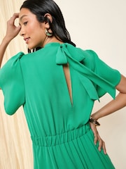 Friends Like These Green High Neck Short Sleeve Midi Dress with Bow Detailing - Image 2 of 5