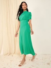 Friends Like These Green High Neck Short Sleeve Midi Dress with Bow Detailing - Image 3 of 5