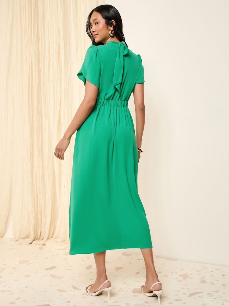 Friends Like These Green High Neck Short Sleeve Midi Dress with Bow Detailing - Image 5 of 5
