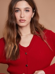 Another Sunday Red Ribbed Knitted V-Neck Cardigan With Gold Buttons - Image 2 of 3