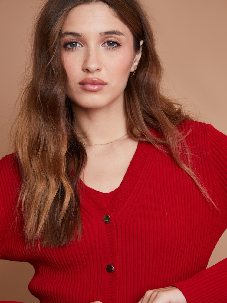 Another Sunday Red Ribbed Knitted V-Neck Cardigan With Gold Buttons - Image 2 of 3