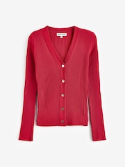 Another Sunday Red Ribbed Knitted V-Neck Cardigan With Gold Buttons - Image 3 of 3