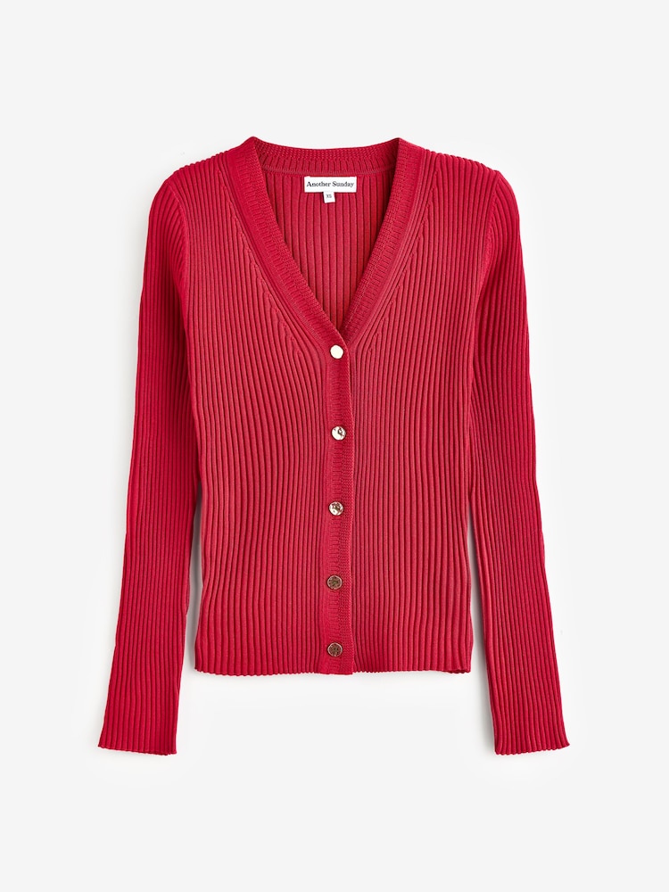 Another Sunday Red Ribbed Knitted V-Neck Cardigan With Gold Buttons - Image 3 of 3