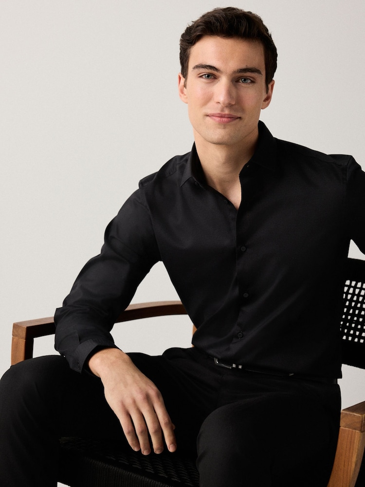 Black Regular Fit Easy Care Textured Single Cuff Smart Shirt - Image 1 of 5 Black Regular Fit Easy Care Textured Single Cuff Smart Shirt - Image 1 of 5