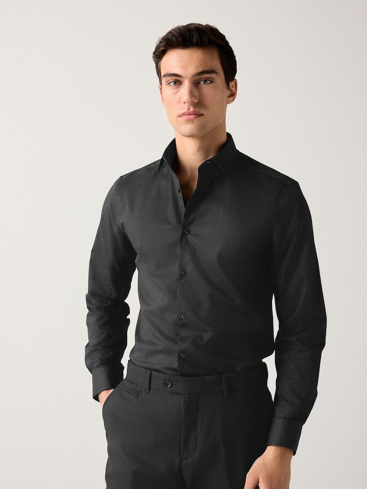 Black Regular Fit Easy Care Textured Single Cuff Smart Shirt - Image 2 of 5 Black Regular Fit Easy Care Textured Single Cuff Smart Shirt - Image 2 of 5