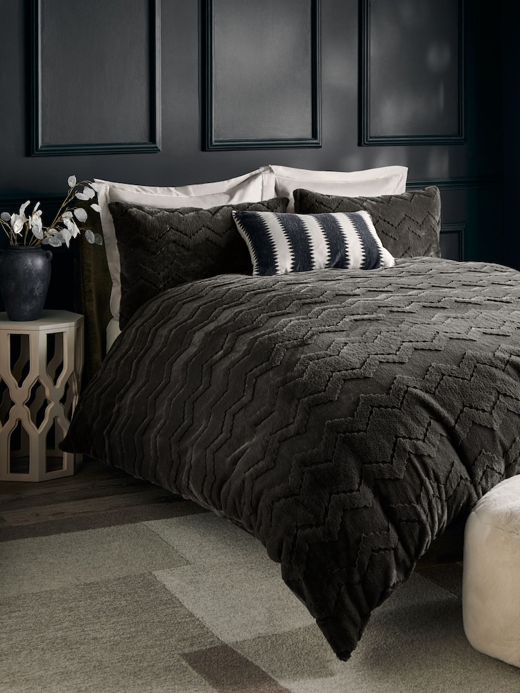 Grey Faux Fur Chevron Geometric Duvet Cover and Pillowcase Set - Image 1 of 4 Grey Faux Fur Chevron Geometric Duvet Cover and Pillowcase Set - Image 1 of 4