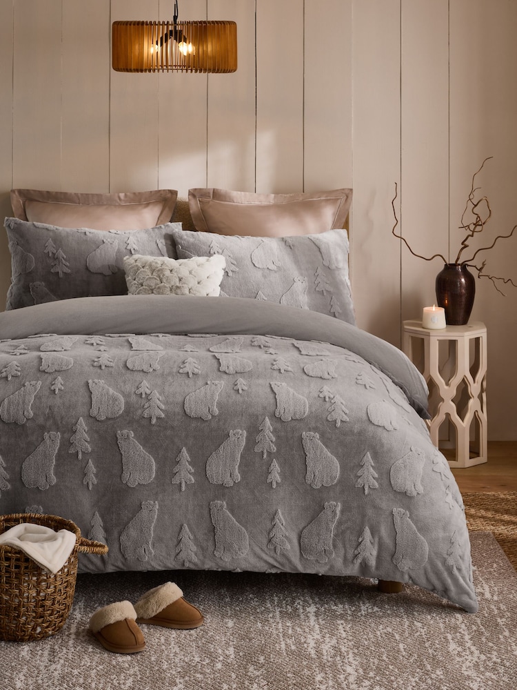 Grey Polar Bear Christmas Faux Fur Icons Duvet Cover and Pillowcase Set - Image 1 of 4