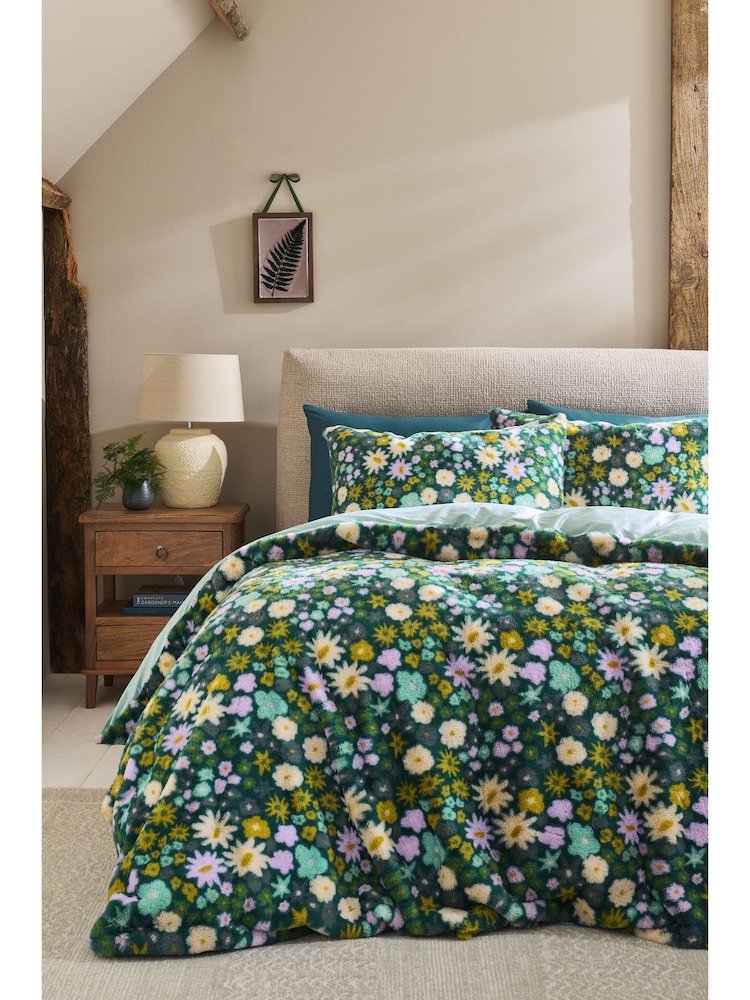 Blue Floral Faux Fur Duvet Cover and Pillowcase Set - Image 1 of 4