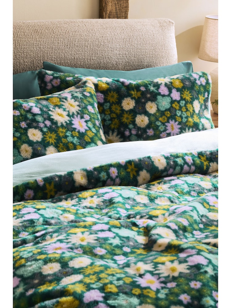 Blue Floral Faux Fur Duvet Cover and Pillowcase Set - Image 2 of 4