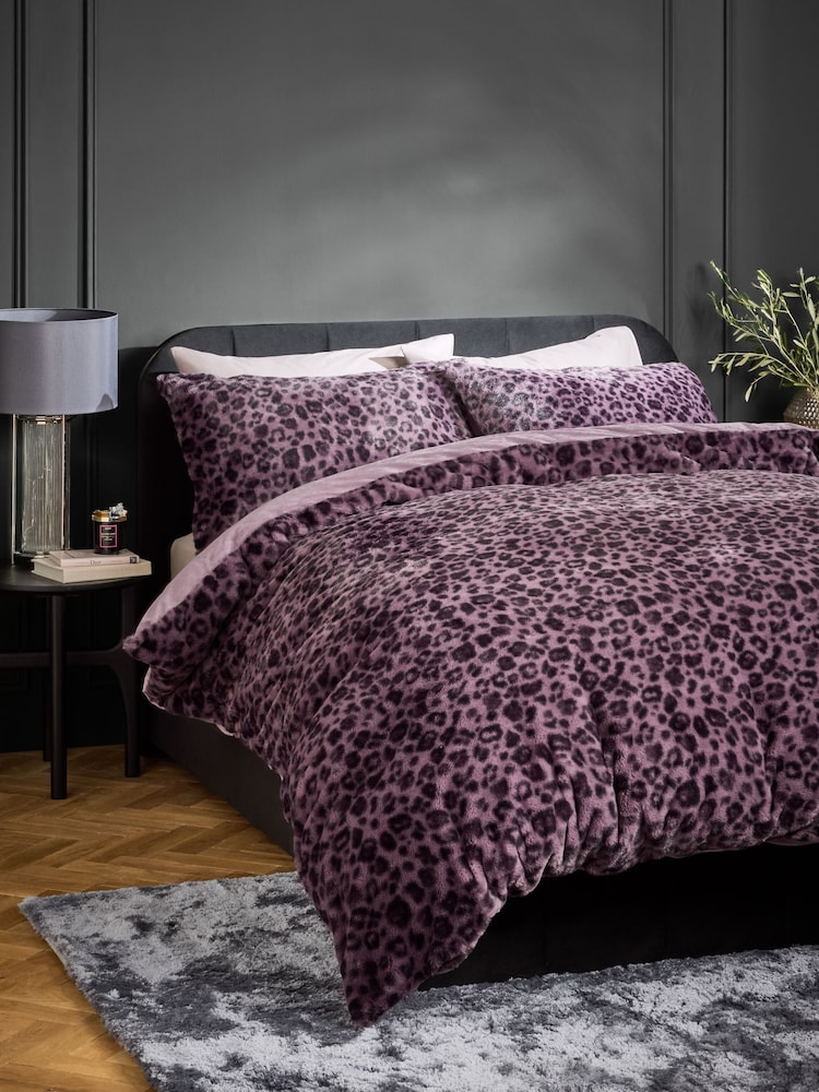 Purple Leopard Print Faux Fur Duvet Cover and Pillowcase Set - Image 1 of 6