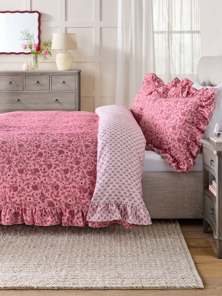Pink Floral Star Brushed Frill Duvet Cover and Pillowcase Set - Image 1 of 7 Pink Floral Star Brushed Frill Duvet Cover and Pillowcase Set - Image 1 of 7