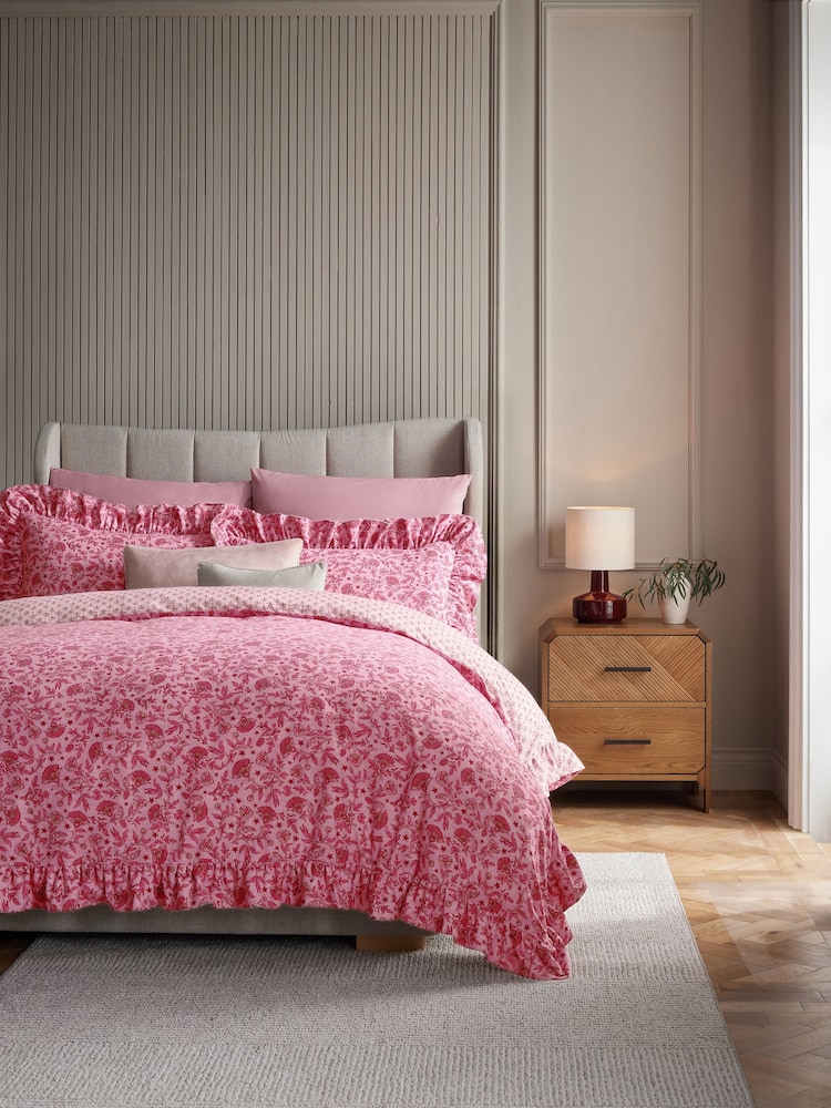 Pink Floral Star Brushed Frill Duvet Cover and Pillowcase Set - Image 2 of 7 Pink Floral Star Brushed Frill Duvet Cover and Pillowcase Set - Image 2 of 7