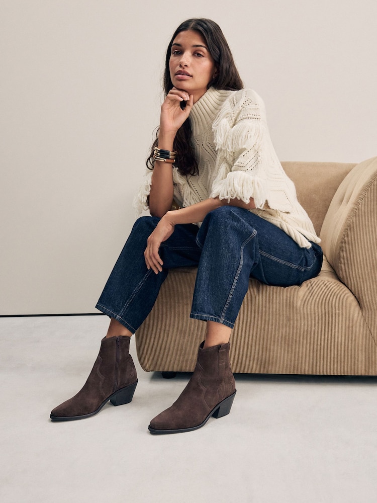 Chocolate Brown Suede Standard/Wide Fit Forever Comfort® Leather Ankle Cowboy Boots - Image 5 of 5