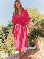 Pink Cornelli Detail Tie Waist 100% Cotton Maxi Kimono - Image 2 of 8