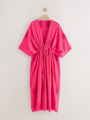 Pink Cornelli Detail Tie Waist 100% Cotton Maxi Kimono - Image 6 of 8