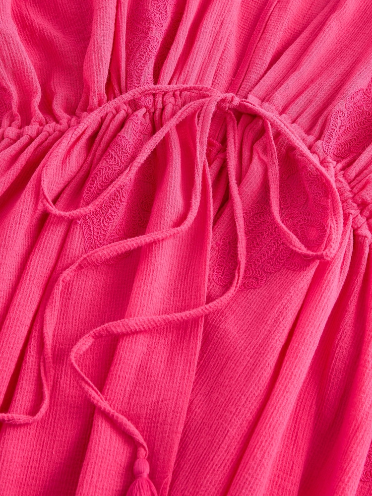 Pink Cornelli Detail Tie Waist 100% Cotton Maxi Kimono - Image 8 of 8