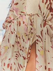 Blurred Animal Print Longline Tie Waist Kimono Cover-Up - Image 4 of 7