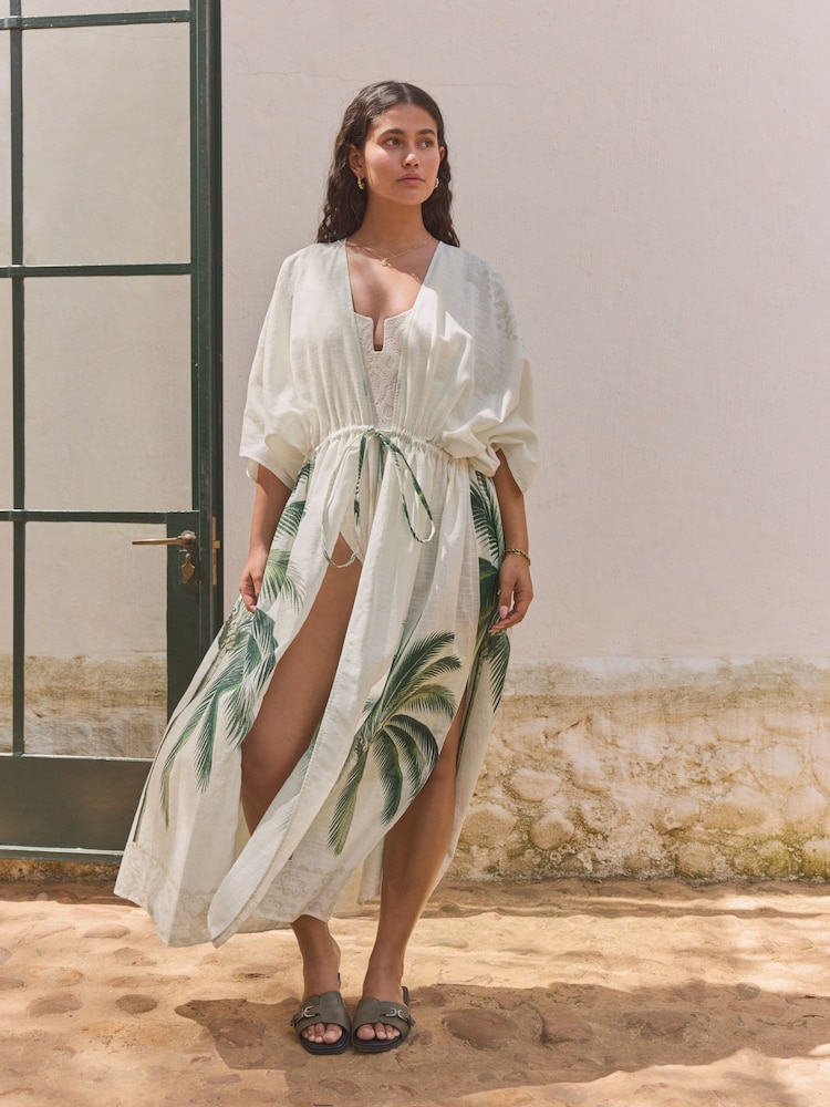 Ecru Palm Maxi Tie Waist Kimono Cover-Up - Image 1 of 9