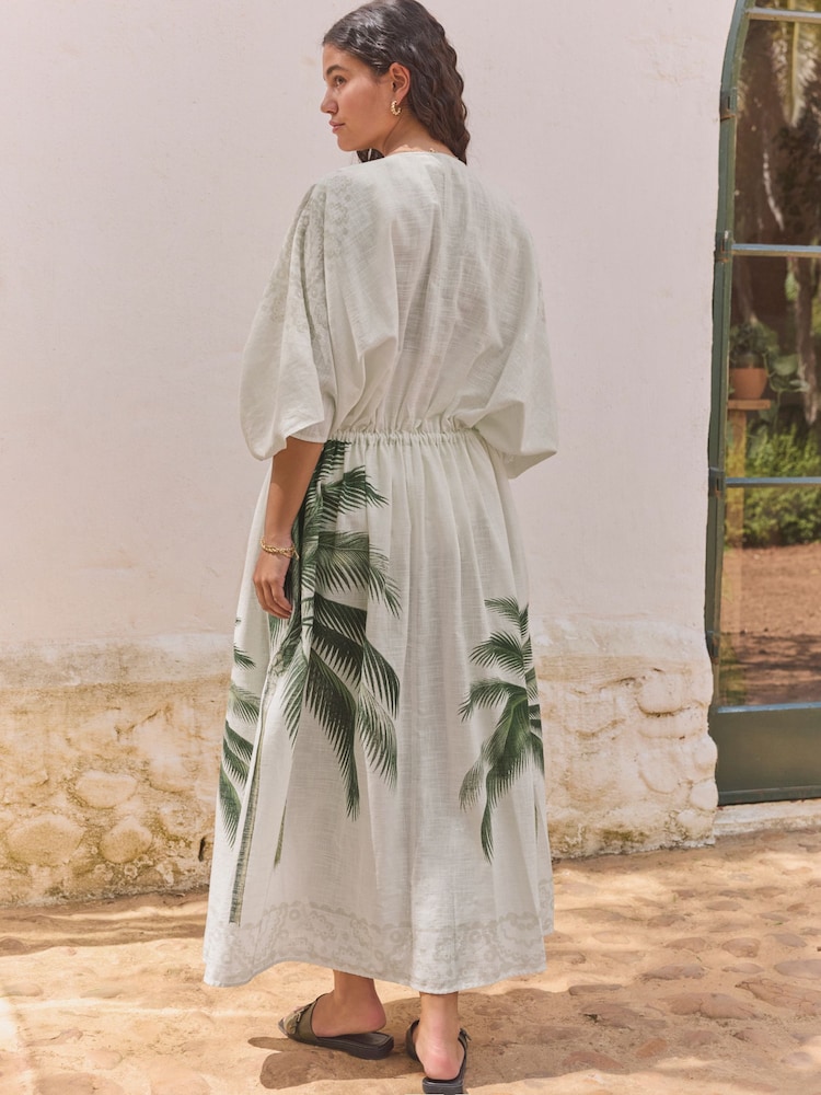 Ecru Palm Maxi Tie Waist Kimono Cover-Up - Image 2 of 9