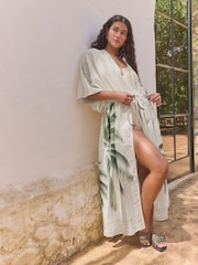 Ecru Palm Maxi Tie Waist Kimono Cover-Up - Image 3 of 9