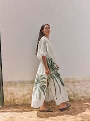 Ecru Palm Maxi Tie Waist Kimono Cover-Up - Image 4 of 9
