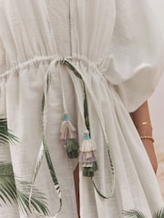Ecru Palm Maxi Tie Waist Kimono Cover-Up - Image 6 of 9