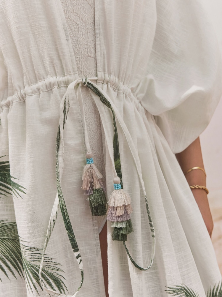 Ecru Palm Maxi Tie Waist Kimono Cover-Up - Image 6 of 9