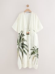 Ecru Palm Maxi Tie Waist Kimono Cover-Up - Image 7 of 9