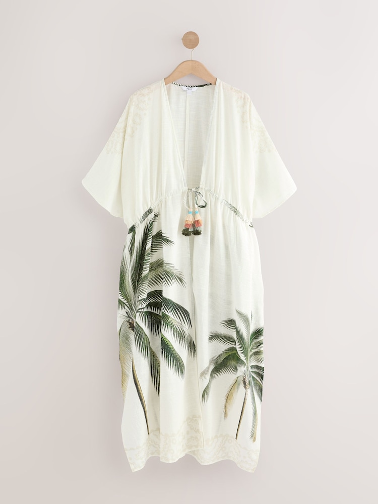 Ecru Palm Maxi Tie Waist Kimono Cover-Up - Image 7 of 9