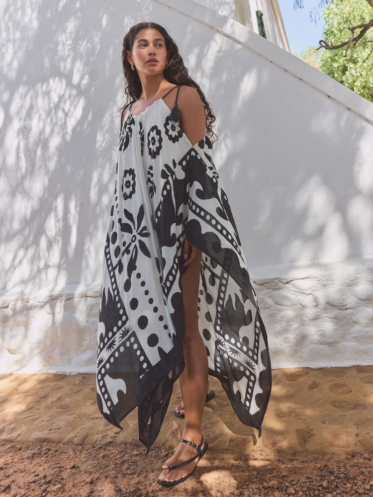 Black/White Palm Print Cold Shoulder Cover-Up - Image 2 of 5 Black/White Palm Print Cold Shoulder Cover-Up - Image 2 of 5