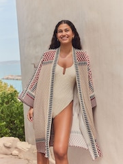 Pink Woodblock Print Longline Kimono Cover-Up - Image 1 of 9