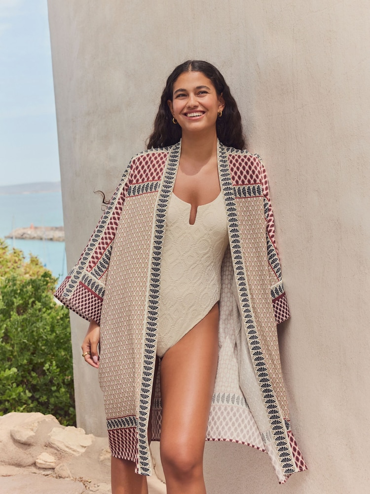 Pink Woodblock Print Longline Kimono Cover-Up - Image 1 of 9