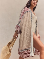 Pink Woodblock Print Longline Kimono Cover-Up - Image 6 of 9