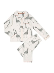 Chelsea Peers Cream Kids Cotton Giraffe Print Cuban Collar Button Up Long Pyjama Set - Image 2 of 3