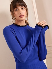 Love & Roses Cobalt Blue Ruffle Neck Knitted Mini Skater Dress - Image 2 of 4