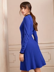 Love & Roses Cobalt Blue Ruffle Neck Knitted Mini Skater Dress - Image 4 of 4