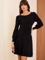 Love & Roses Black Scallop Neck Knitted Pointelle Mini Dress - Image 1 of 4