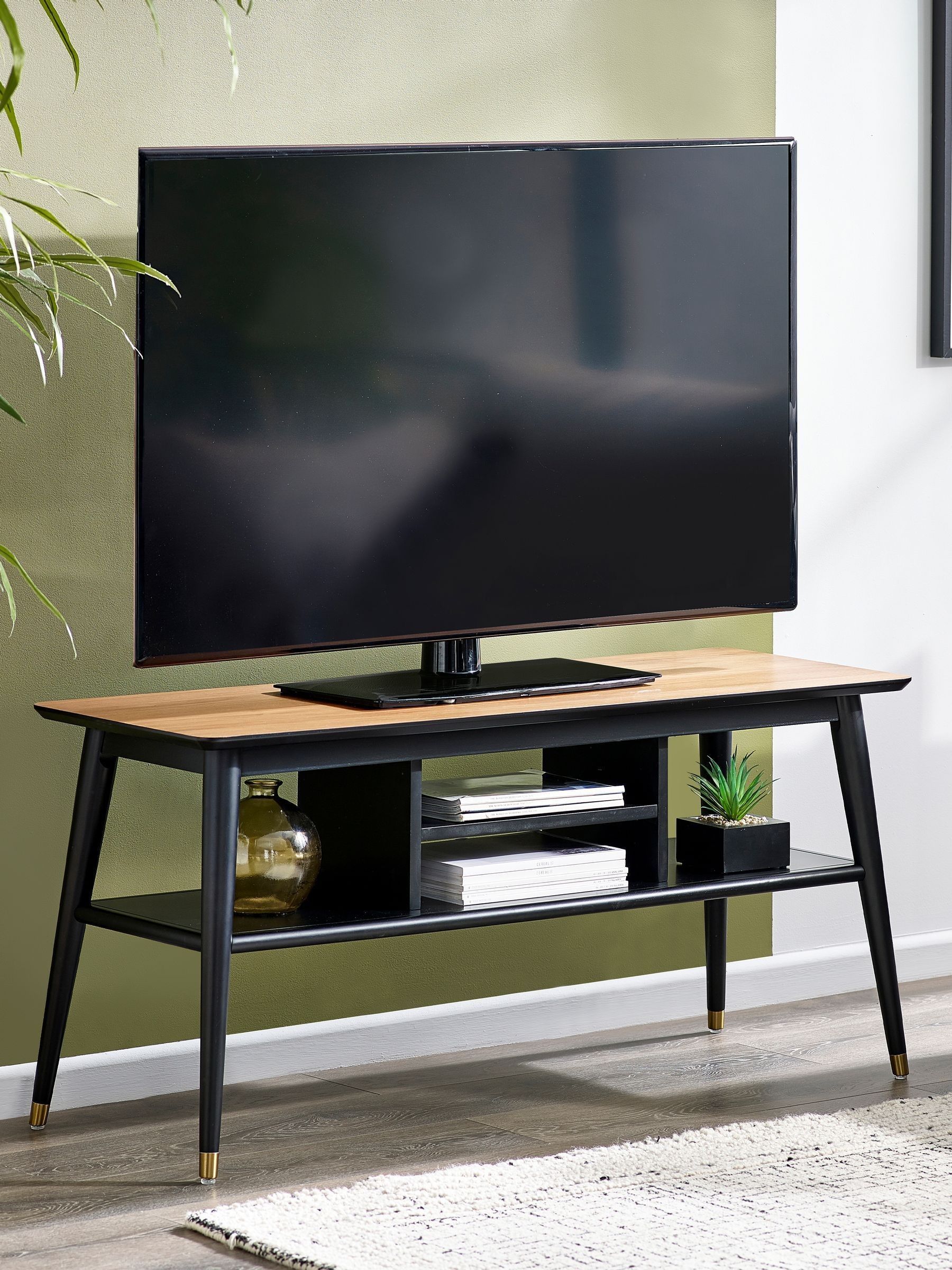Julian Bowen Findlay Media Unit, Walnut & Black | Retro Media Unit for Living Room, Brass Tipped Leg Detail, Open Shelving, Black Legs, Walnut Effect Top - Image 8