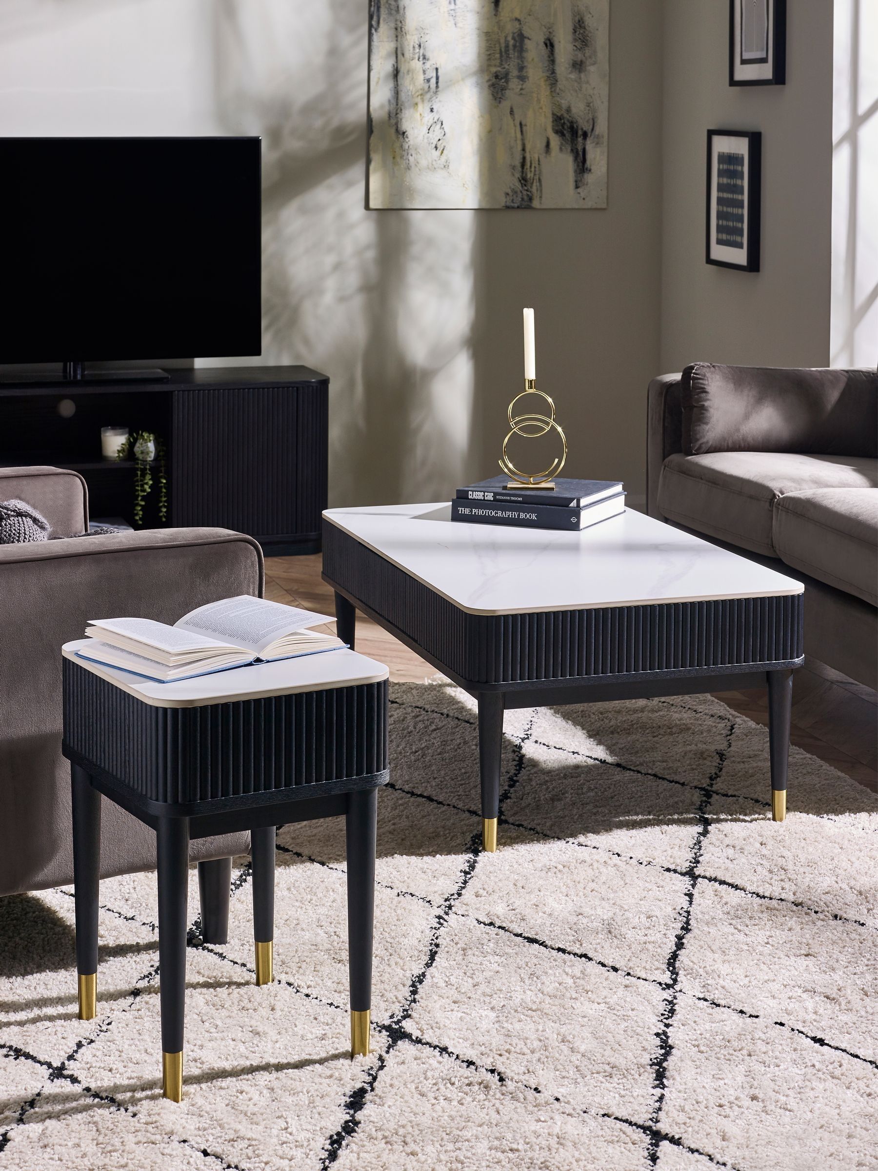 Julian Bowen Louis Black Fluted Stone Top Lamp Table - Single Drawer - Modern Elegance - Image 6