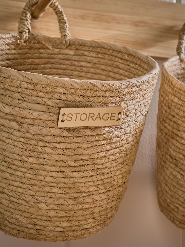 Set of 3 Natural Hanging Baskets and Wall Hooks - Image 3 of 6