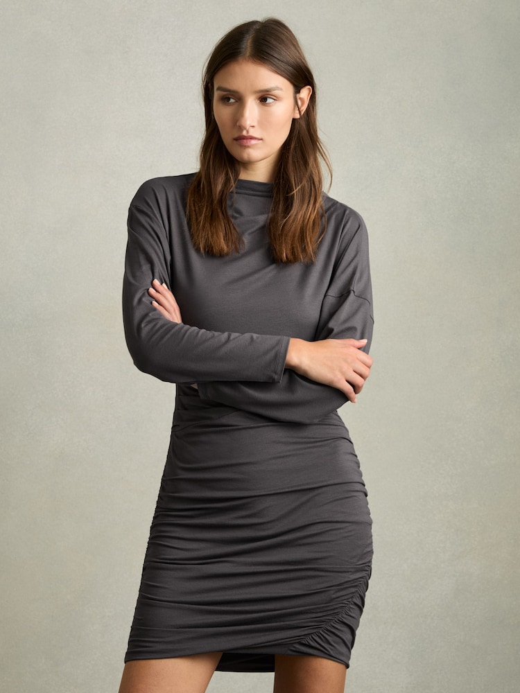 Reiss Charcoal Ari Ruched Jersey Mini Dress - Image 1 of 5