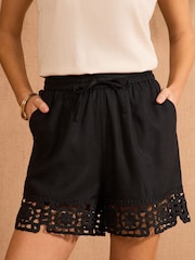 Love & Roses Black Crochet Trim Drawstring Shorts - Image 1 of 4