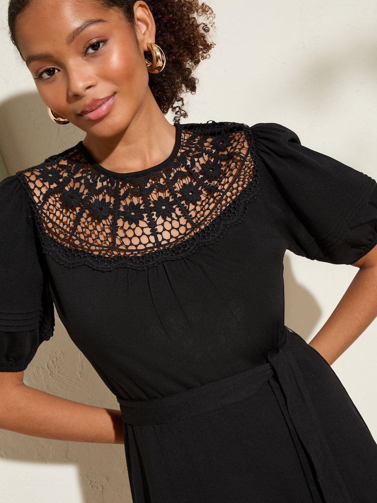 Friends Like These Black Lace Neck Insert Puff Sleeve Jersey Mini Dress - Image 2 of 4 Friends Like These Black Lace Neck Insert Puff Sleeve Jersey Mini Dress - Image 2 of 4