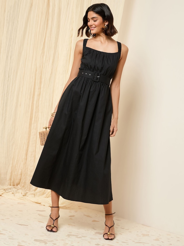 Friends Like These Black Ruched Strappy 100% Cotton Belted Midi Dress - Image 1 of 5