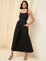 Friends Like These Black Ruched Strappy 100% Cotton Belted Midi Dress - Image 3 of 5