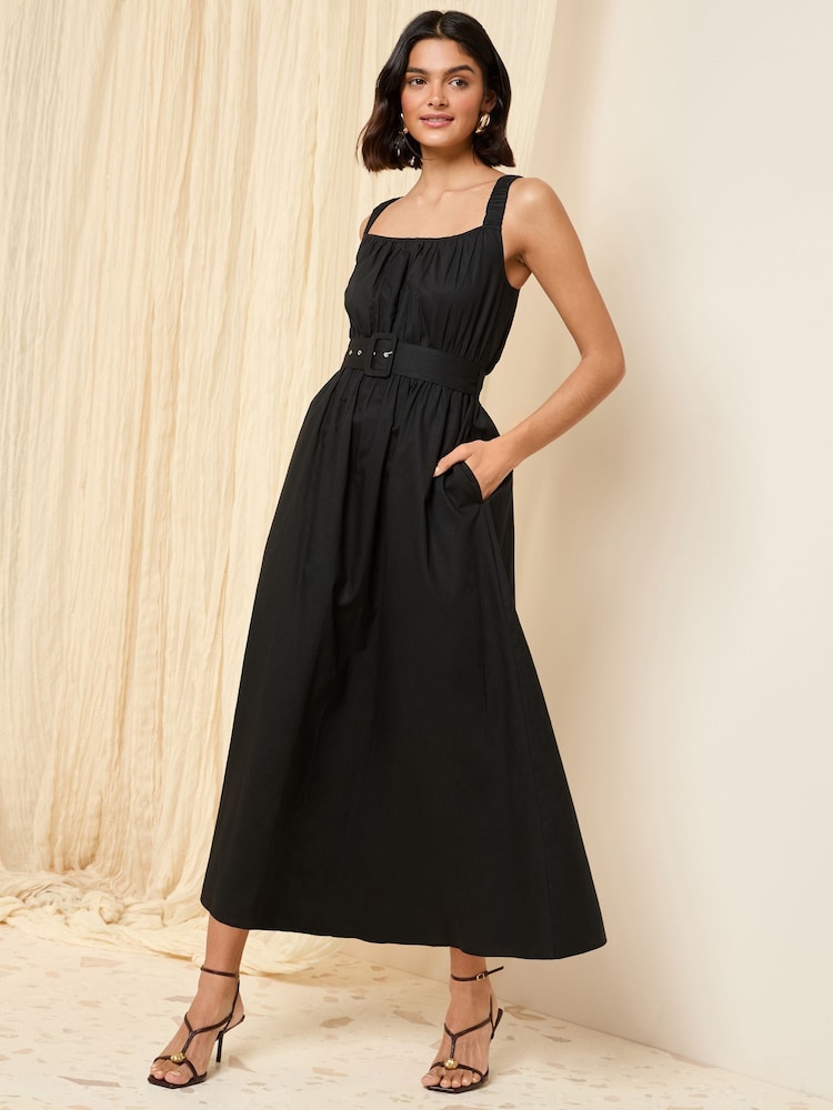 Friends Like These Black Ruched Strappy 100% Cotton Belted Midi Dress - Image 3 of 5