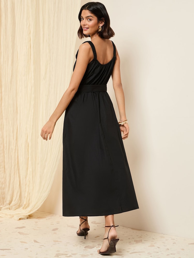 Friends Like These Black Ruched Strappy 100% Cotton Belted Midi Dress - Image 5 of 5